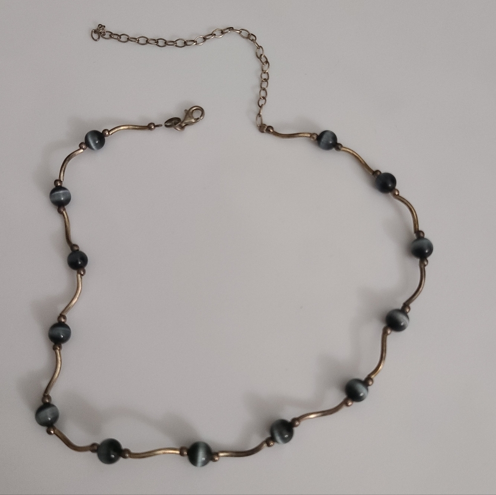 925 Cats Eye Necklace Curved Tube Beads Sterling Silver Vtg Estate 17" Choker